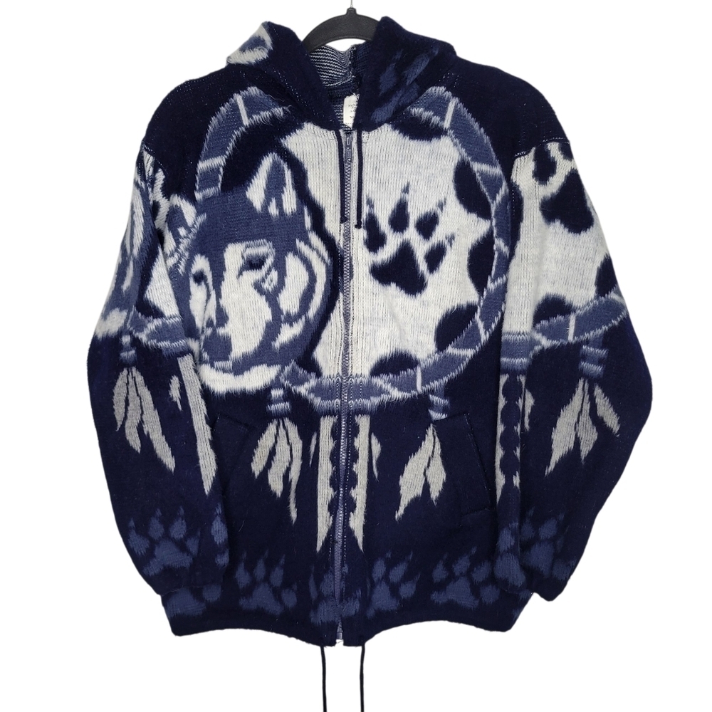 ARTESANIAS TUNTAQUIMBA BLUE NATIVE AMERICAN WOLF SPIRIT PULL OVER HOODIE FUZZY M